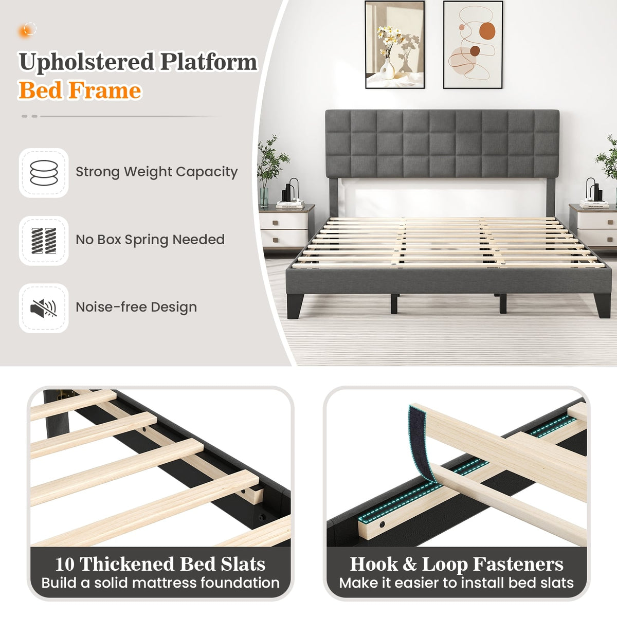 King Size Modern Linen Bed Frame with Adjustable Headboard-Gray-Simple Bed Frame-DECOROLALA