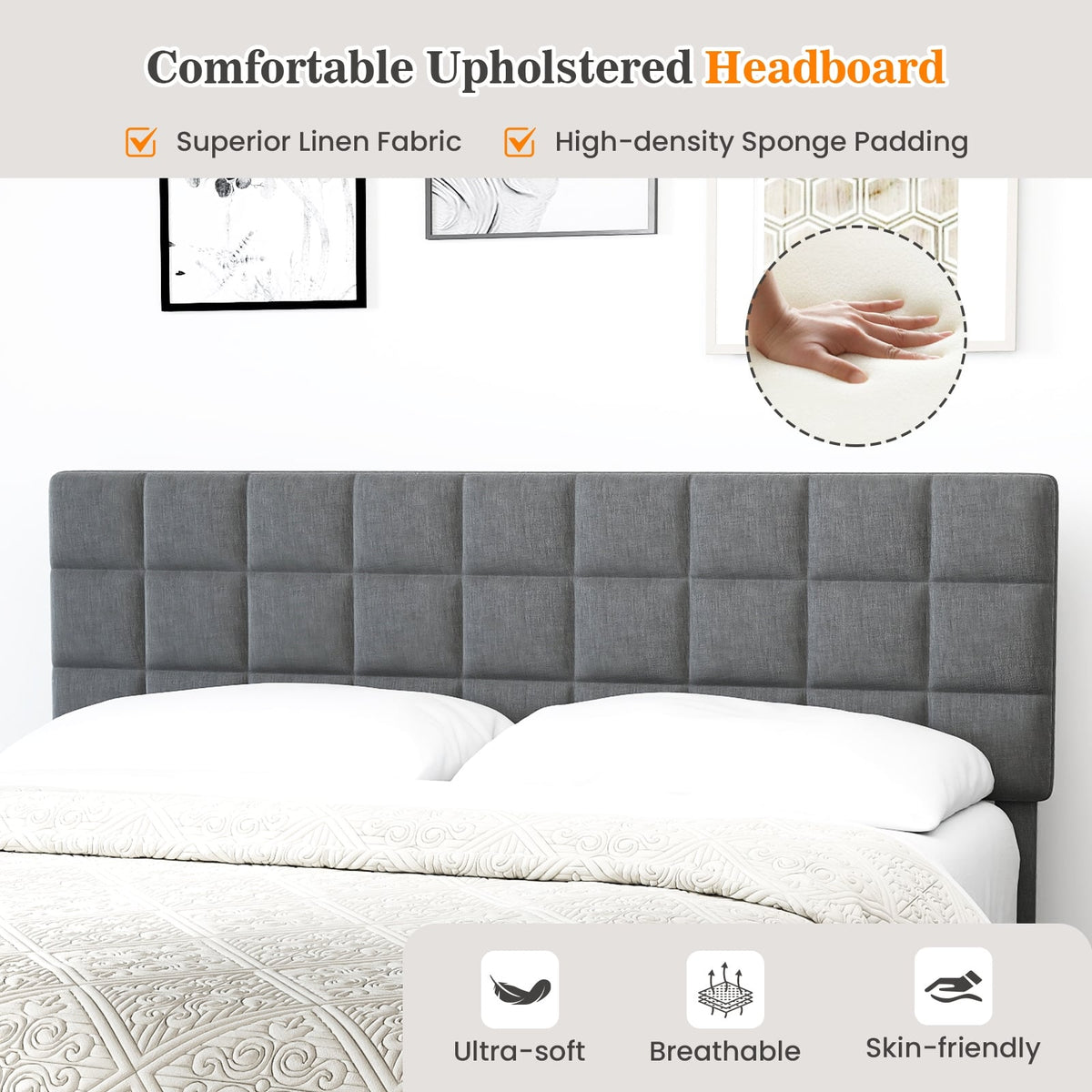 King Size Modern Linen Bed Frame with Adjustable Headboard-Gray-Simple Bed Frame-DECOROLALA