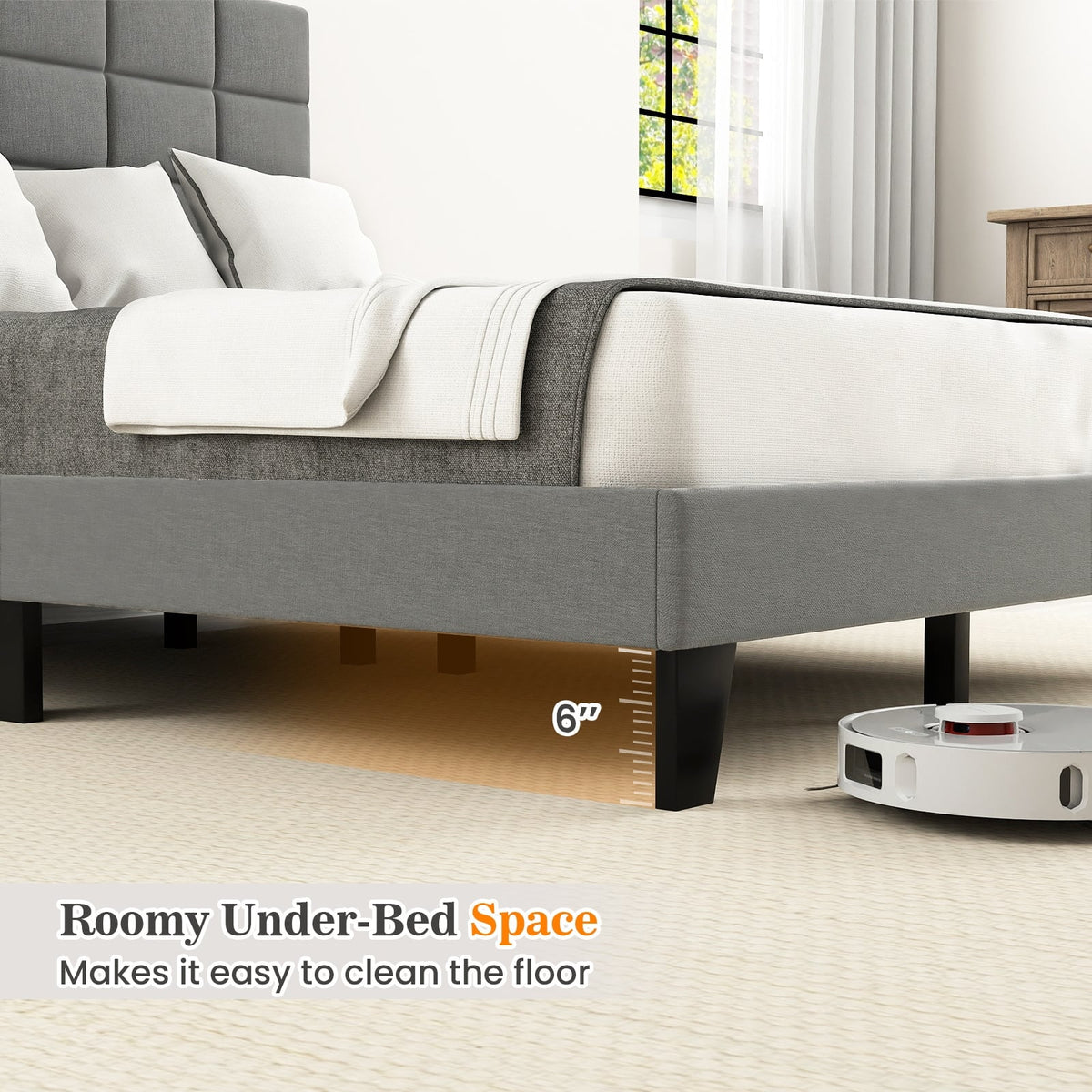 King Size Modern Linen Bed Frame with Adjustable Headboard-Gray-Simple Bed Frame-DECOROLALA