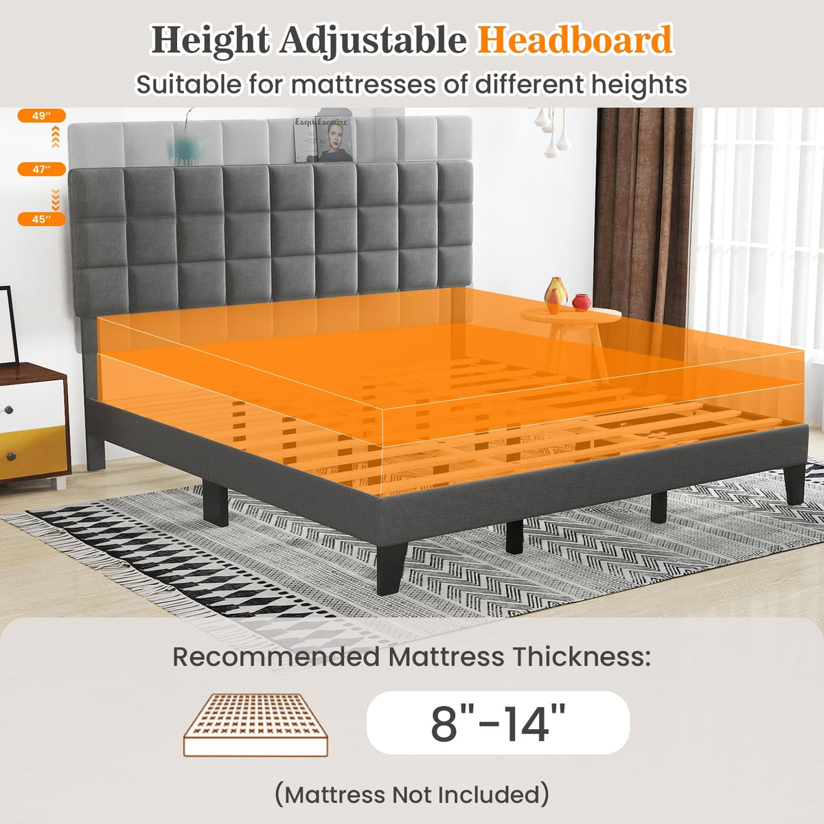 King Size Modern Linen Bed Frame with Adjustable Headboard-Gray-Simple Bed Frame-DECOROLALA