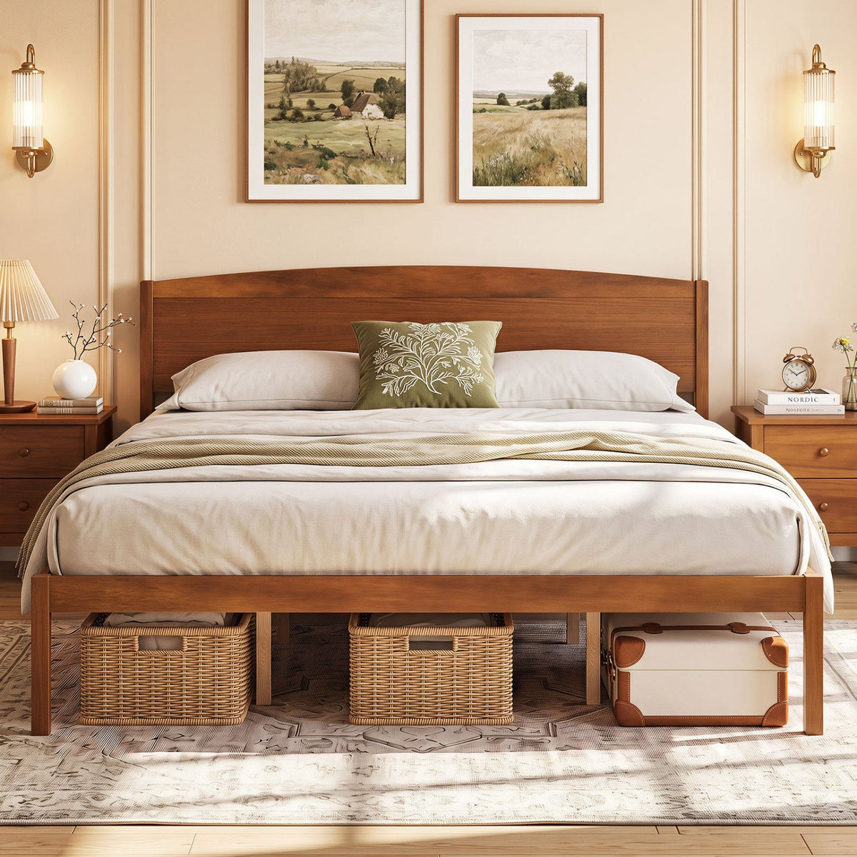 King Size Wooden Platform Bed Frame with Curved Headboard-Beds & Bed Frames-DECOROLALA