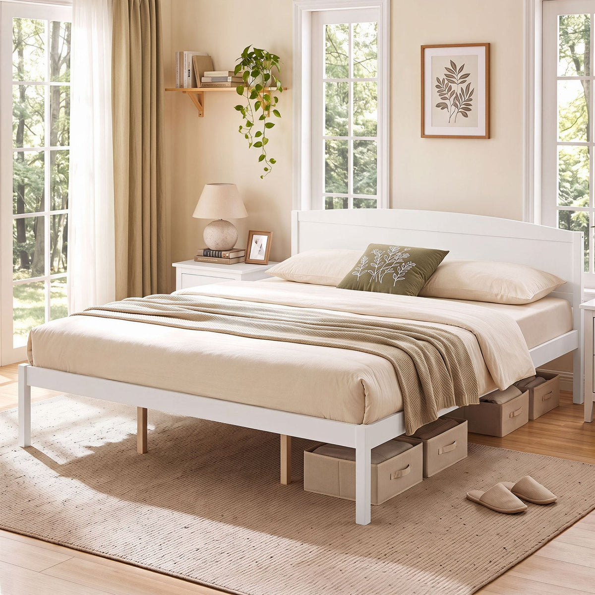 King Size Wooden Platform Bed Frame with Curved Headboard-Beds & Bed Frames-DECOROLALA