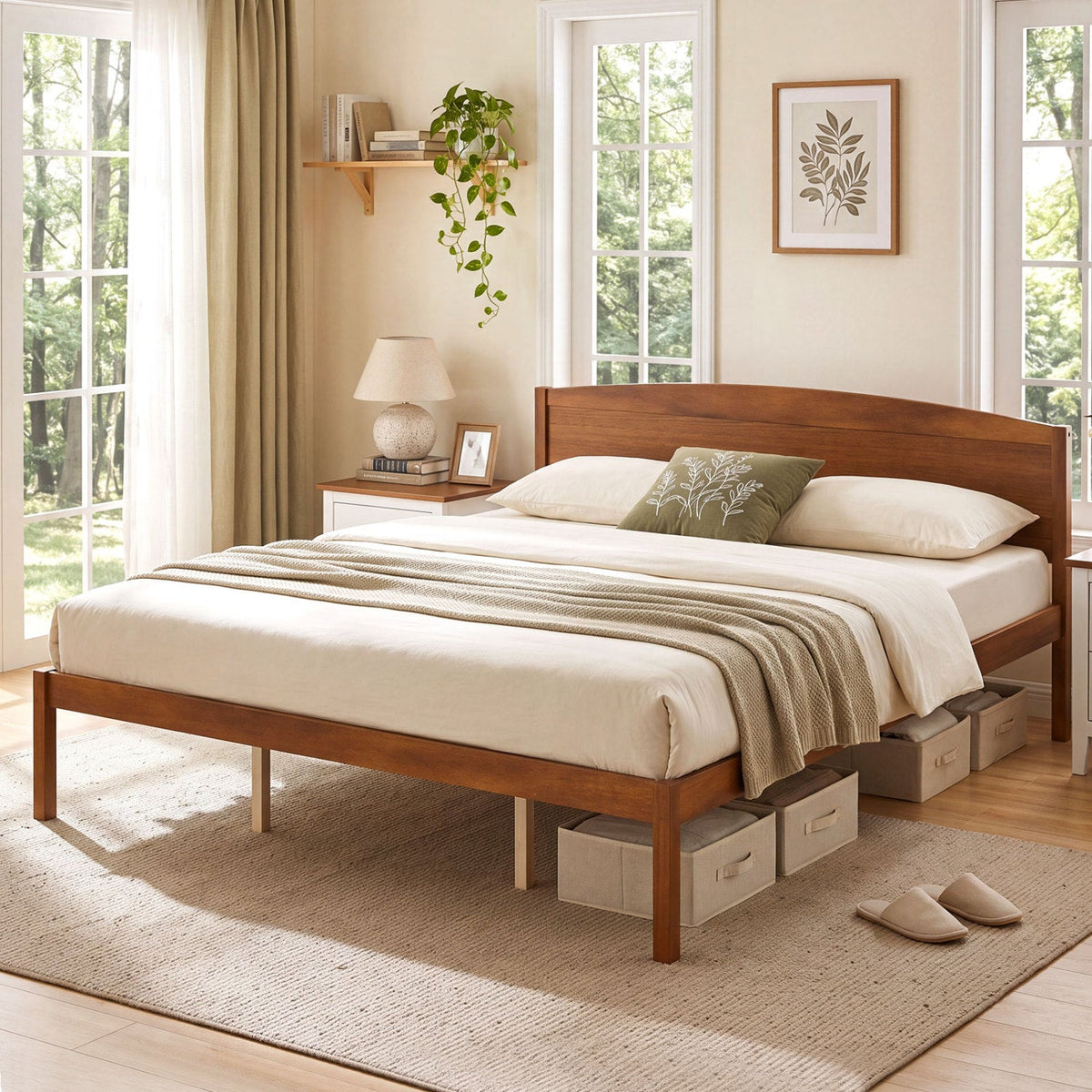 King Size Wooden Platform Bed Frame with Curved Headboard-Beds & Bed Frames-DECOROLALA