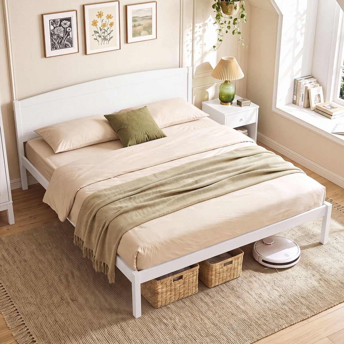 King Size Wooden Platform Bed Frame with Curved Headboard-Beds & Bed Frames-DECOROLALA