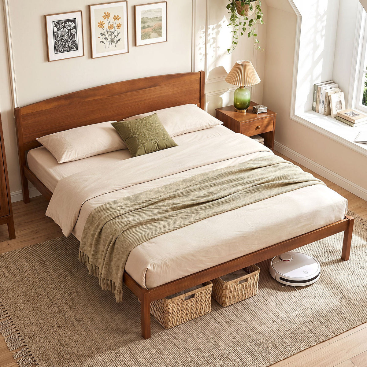 King Size Wooden Platform Bed Frame with Curved Headboard-Beds & Bed Frames-DECOROLALA