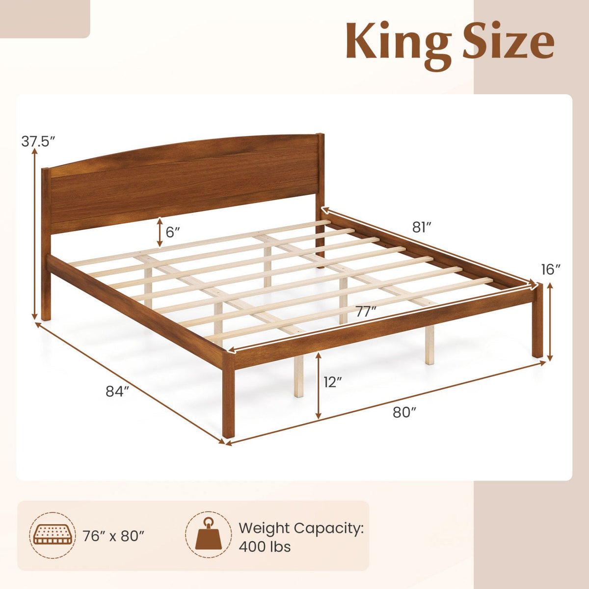 King Size Wooden Platform Bed Frame with Curved Headboard-Beds & Bed Frames-DECOROLALA