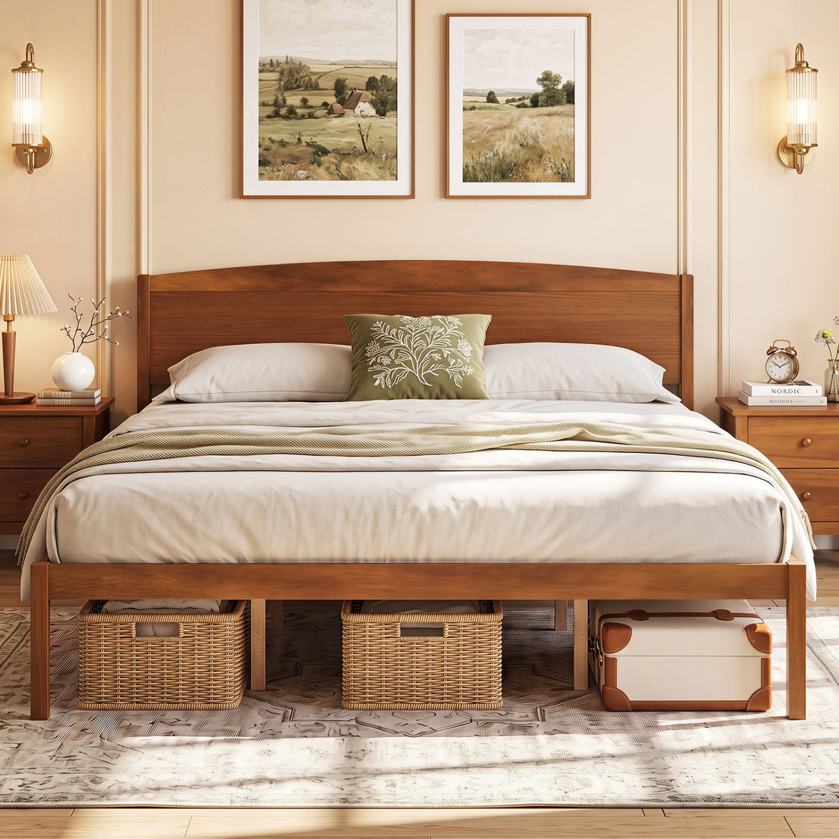 King Size Wooden Platform Bed Frame with Curved Headboard-Walnut-Beds & Bed Frames-DECOROLALA