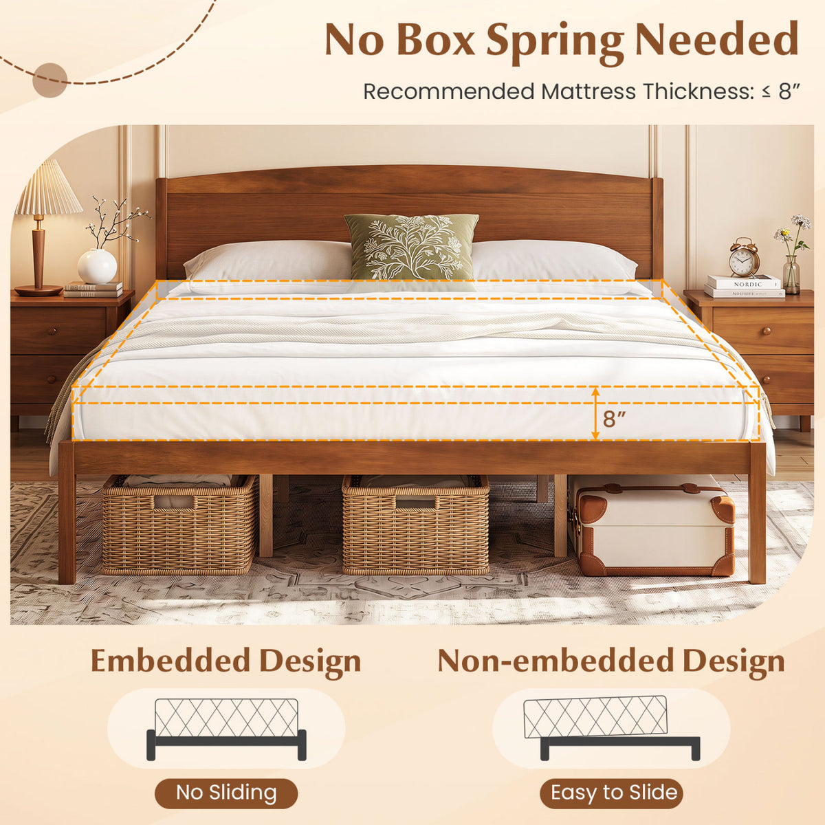 King Size Wooden Platform Bed Frame with Curved Headboard-Walnut-Beds & Bed Frames-DECOROLALA