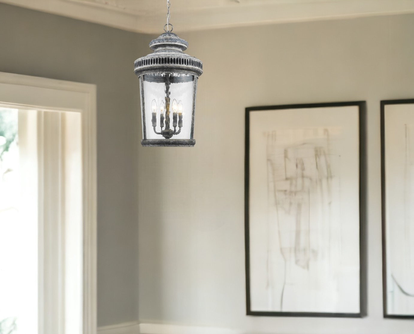 Kingston 4-Light Antique Lead Foyer Pendant With Curved Water Glass Panes-Pendants-Hanging Lights-DECOROLALA