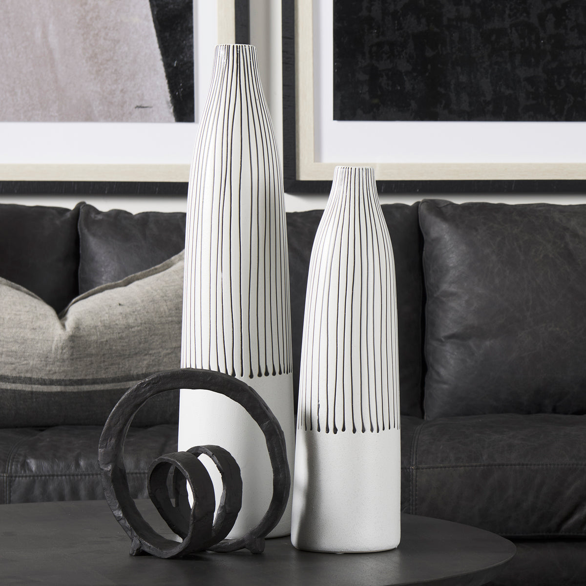 Kira I Small White Pinstripe Ceramic Vase-Vase-DECOROLALA