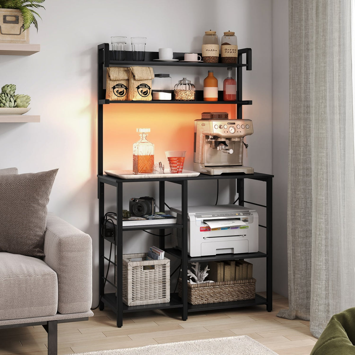 Kitchen Bakers Rack with Power Outlet 5-Tier Microwave Oven Stand with LED Lights-Black-Baker’s Racks-DECOROLALA