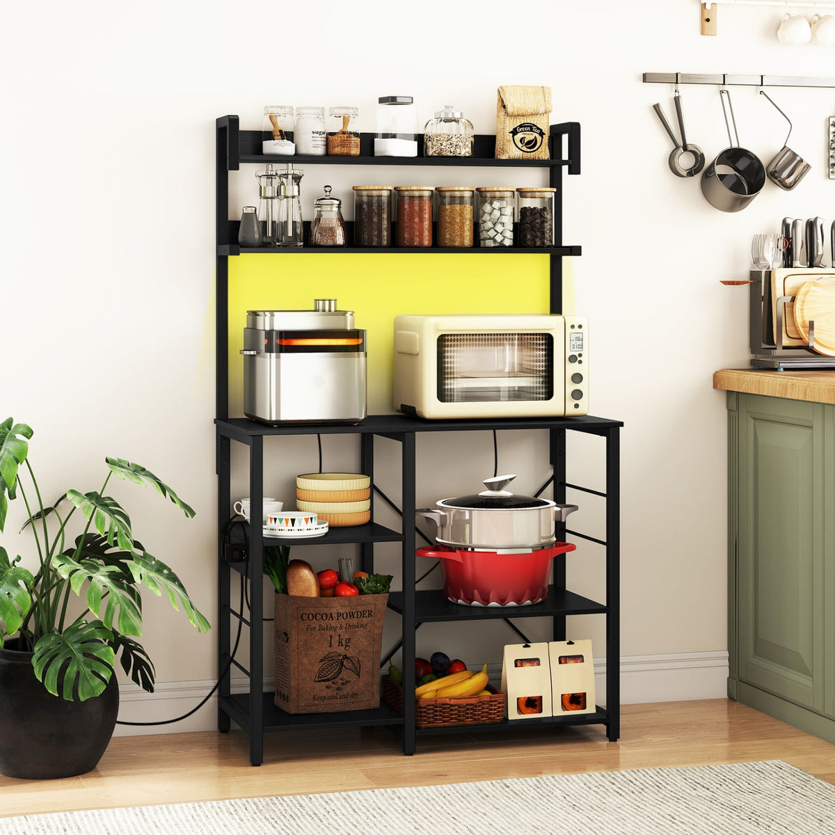 Kitchen Bakers Rack with Power Outlet 5-Tier Microwave Oven Stand with LED Lights-Black-Baker’s Racks-DECOROLALA