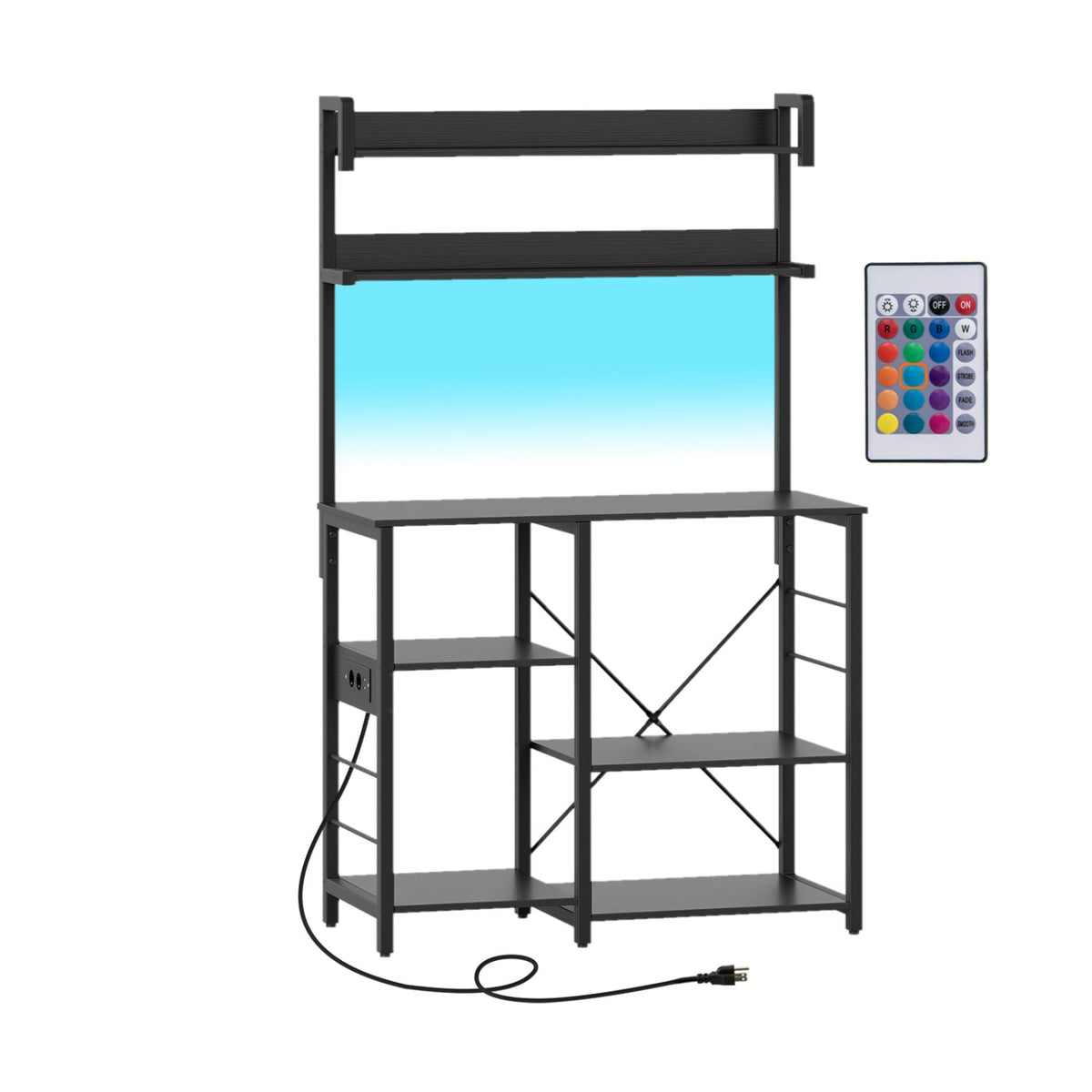 Kitchen Bakers Rack with Power Outlet 5-Tier Microwave Oven Stand with LED Lights-Black-Baker’s Racks-DECOROLALA