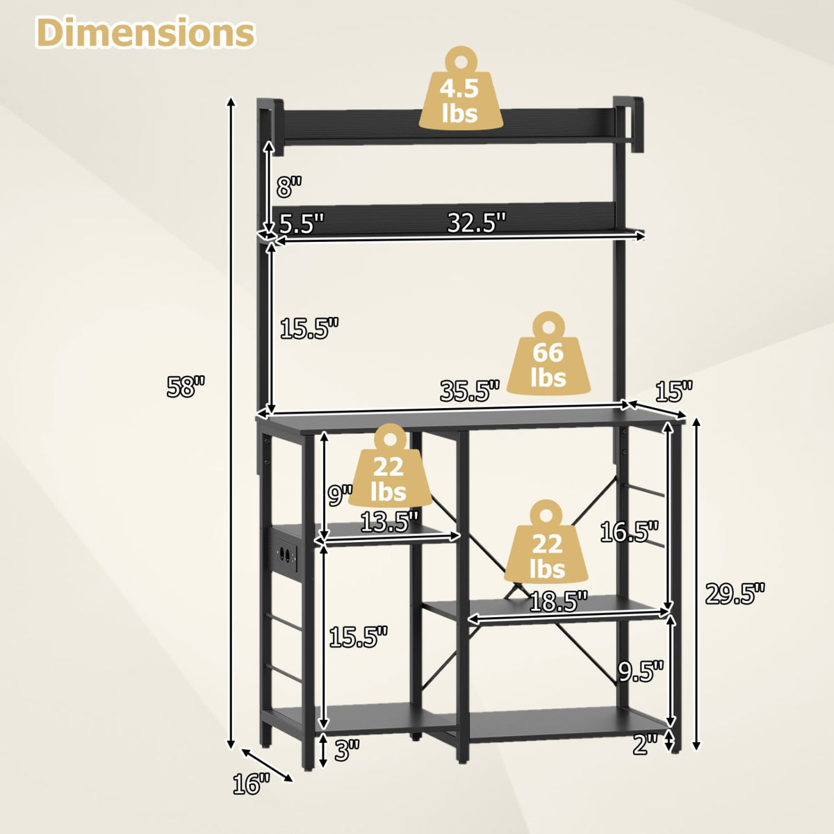 Kitchen Bakers Rack with Power Outlet 5-Tier Microwave Oven Stand with LED Lights-Black-Baker’s Racks-DECOROLALA