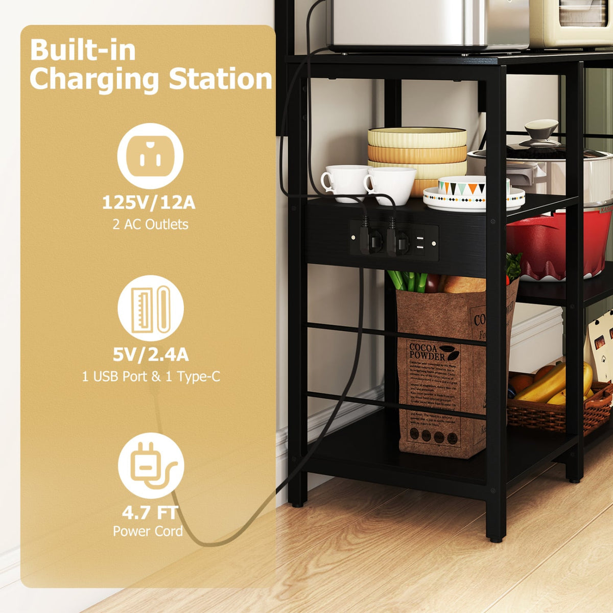 Kitchen Bakers Rack with Power Outlet 5-Tier Microwave Oven Stand with LED Lights-Black-Baker’s Racks-DECOROLALA