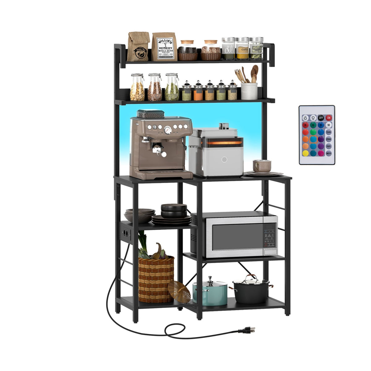 Kitchen Bakers Rack with Power Outlet 5-Tier Microwave Oven Stand with LED Lights-Black-Baker’s Racks-DECOROLALA