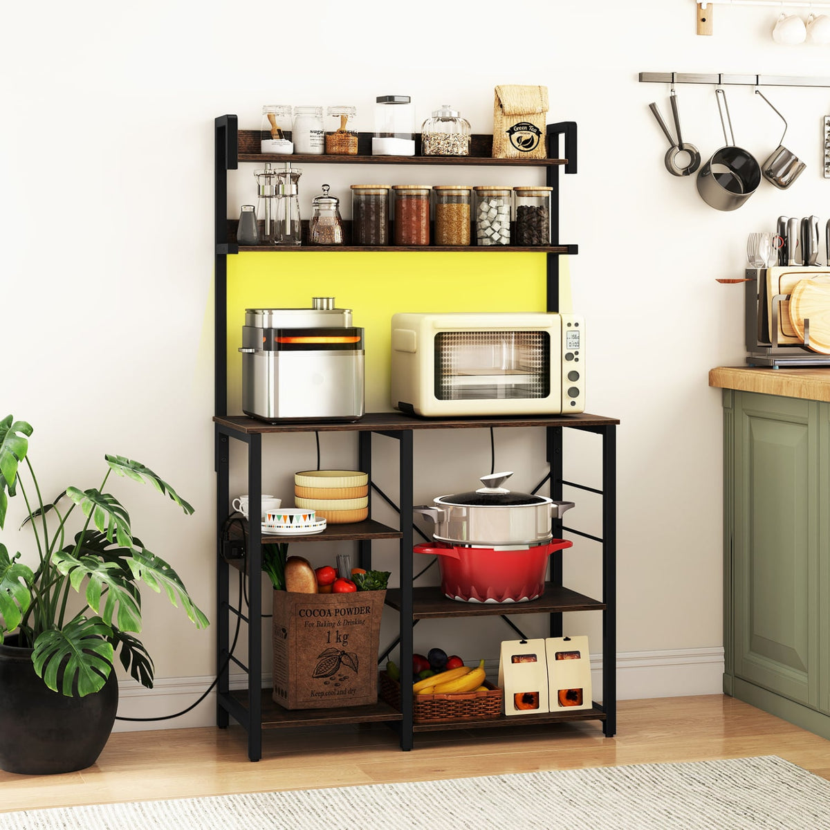 Kitchen Bakers Rack with Power Outlet 5-Tier Microwave Oven Stand with LED Lights-Rustic Brown-Baker’s Racks-DECOROLALA