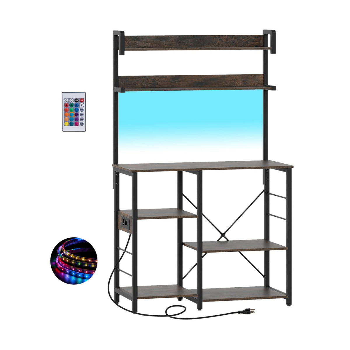 Kitchen Bakers Rack with Power Outlet 5-Tier Microwave Oven Stand with LED Lights-Rustic Brown-Baker’s Racks-DECOROLALA