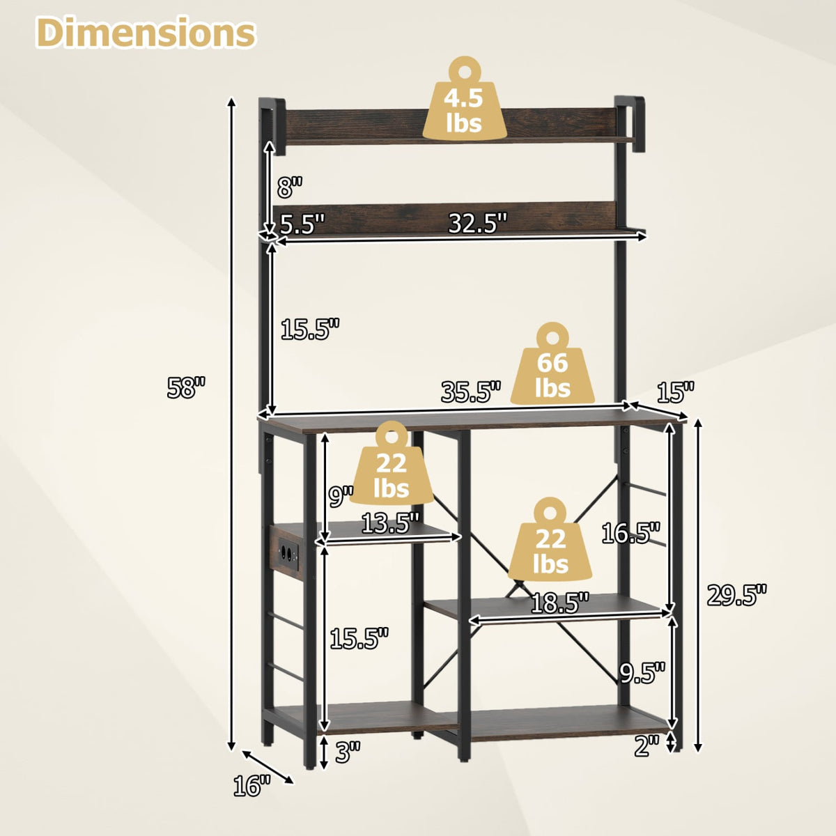 Kitchen Bakers Rack with Power Outlet 5-Tier Microwave Oven Stand with LED Lights-Rustic Brown-Baker’s Racks-DECOROLALA