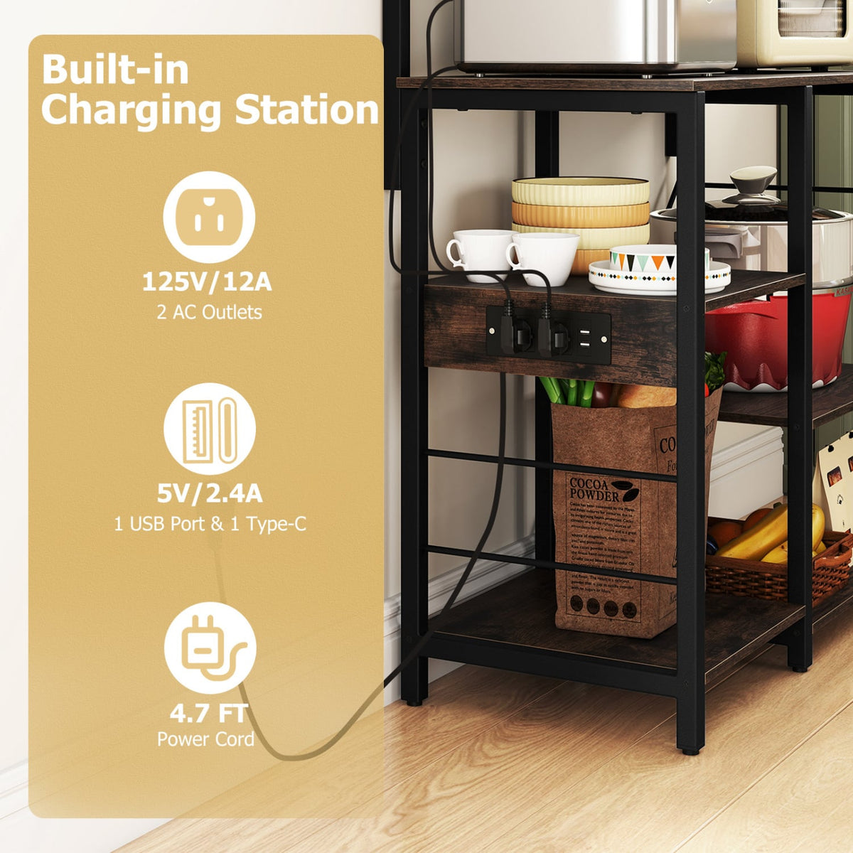 Kitchen Bakers Rack with Power Outlet 5-Tier Microwave Oven Stand with LED Lights-Rustic Brown-Baker’s Racks-DECOROLALA