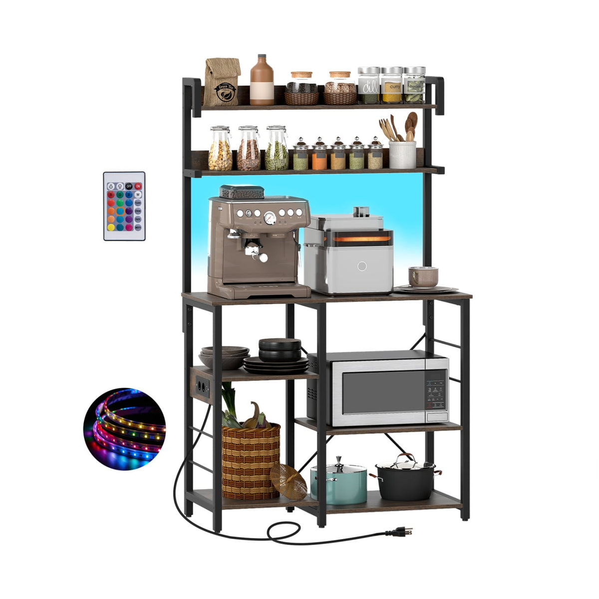 Kitchen Bakers Rack with Power Outlet 5-Tier Microwave Oven Stand with LED Lights-Rustic Brown-Baker’s Racks-DECOROLALA