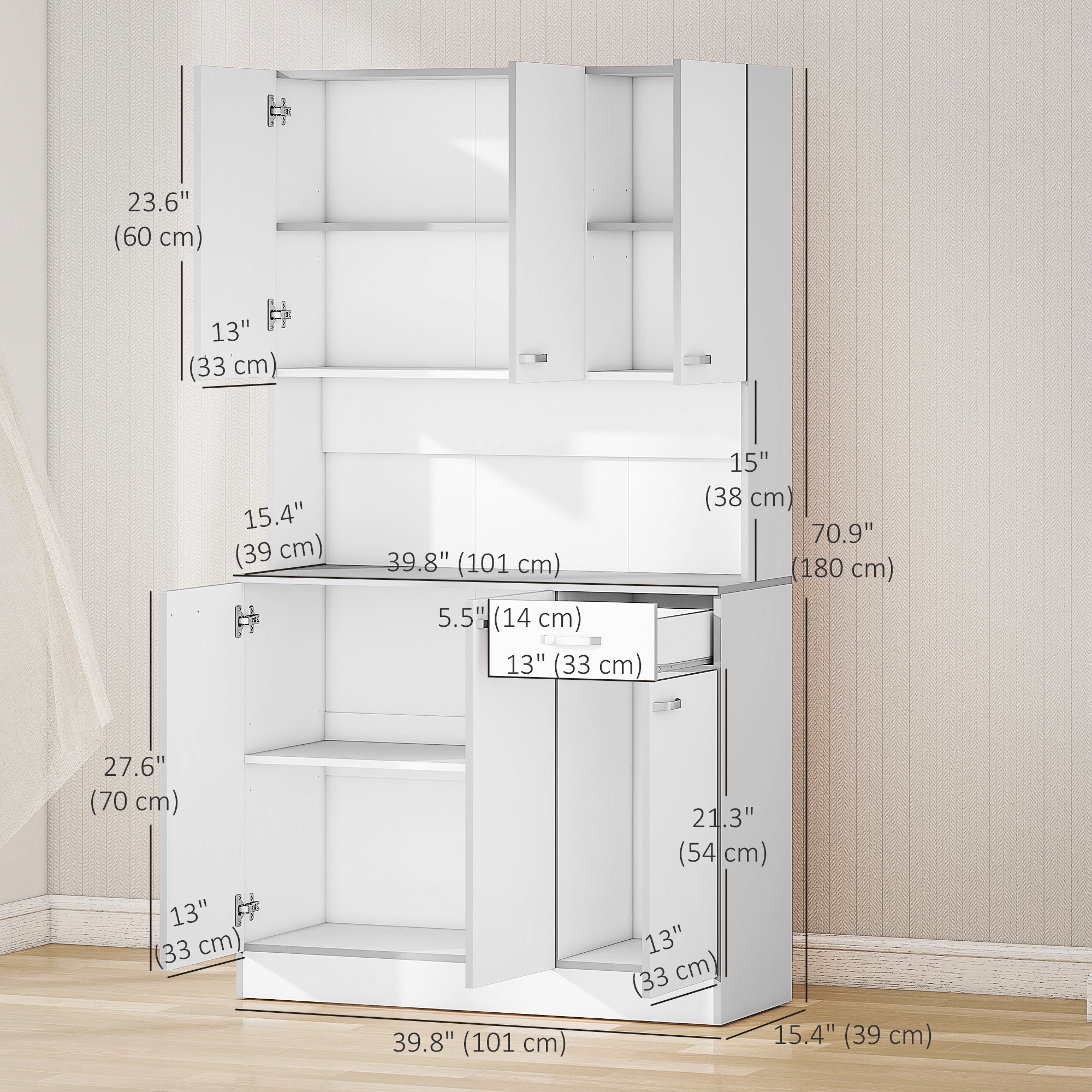 Kitchen Buffet Hutch 71" White 6 Door-DECOROLALA