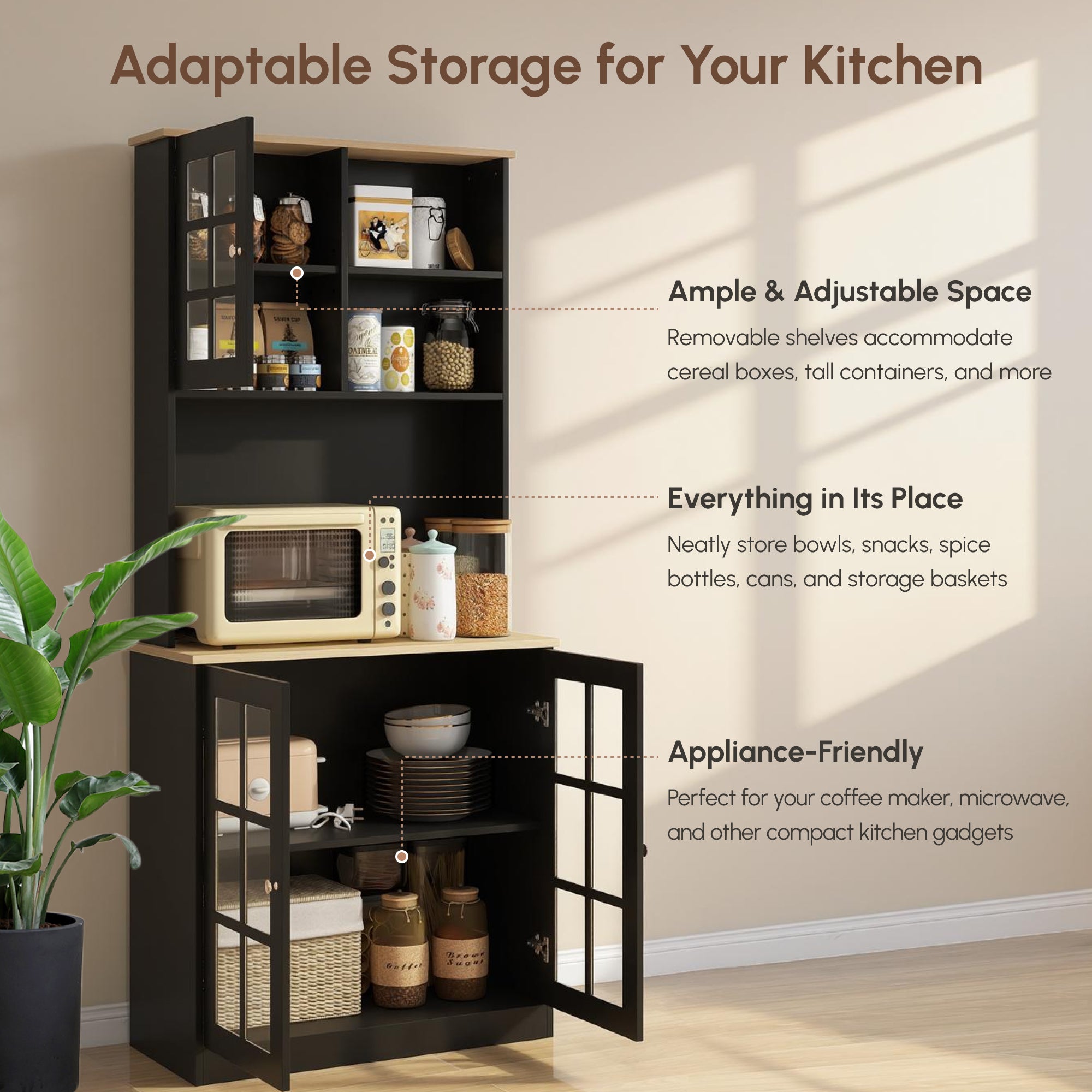 Kitchen Buffet Hutch - Black 72" Storage Cabinet-DECOROLALA