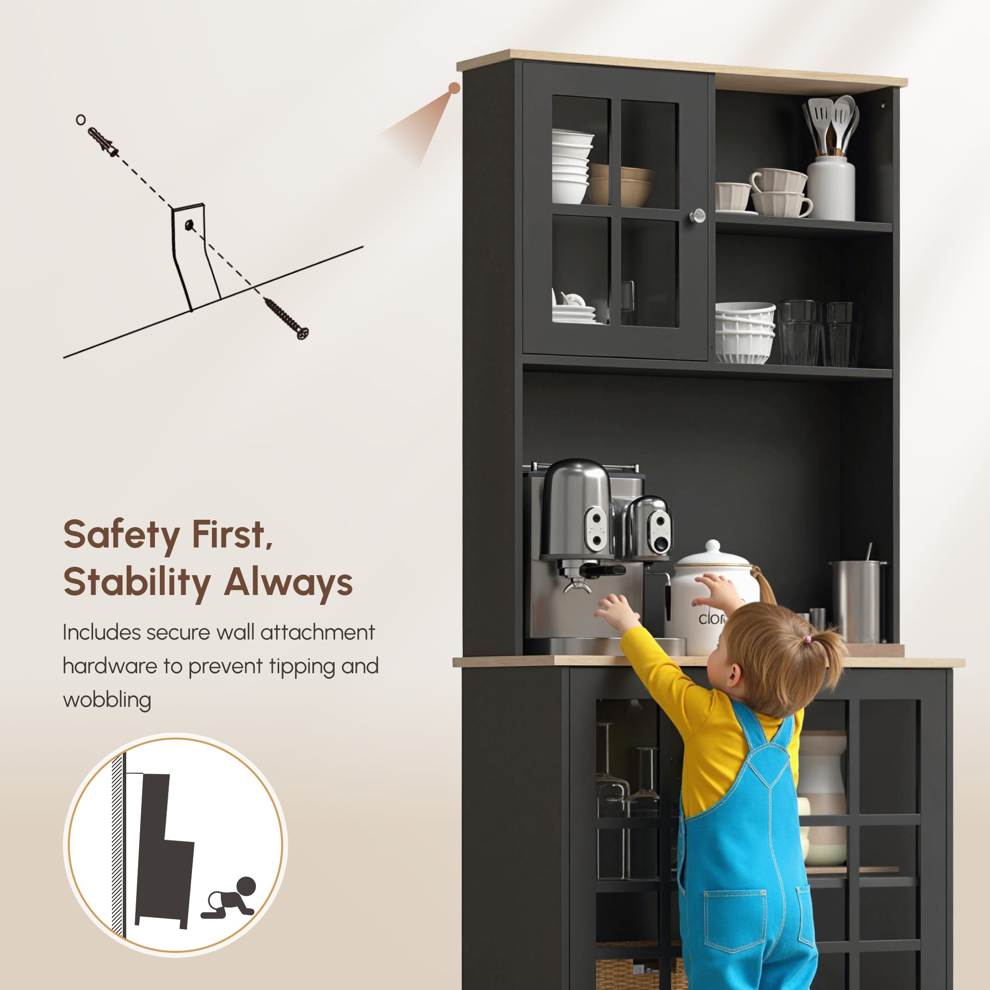 Kitchen Buffet Hutch - Black 72" Storage Cabinet-DECOROLALA