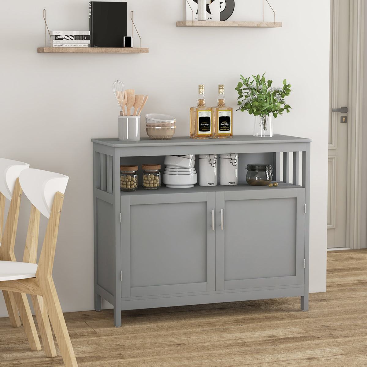 Kitchen Buffet Server Sideboard Storage Cabinet with 2 Doors and Shelf-Gray-Sideboards & Buffets-DECOROLALA