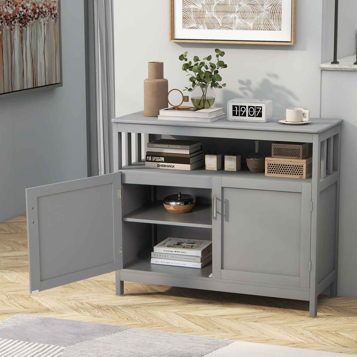 Kitchen Buffet Server Sideboard Storage Cabinet with 2 Doors and Shelf-Gray-Sideboards & Buffets-DECOROLALA