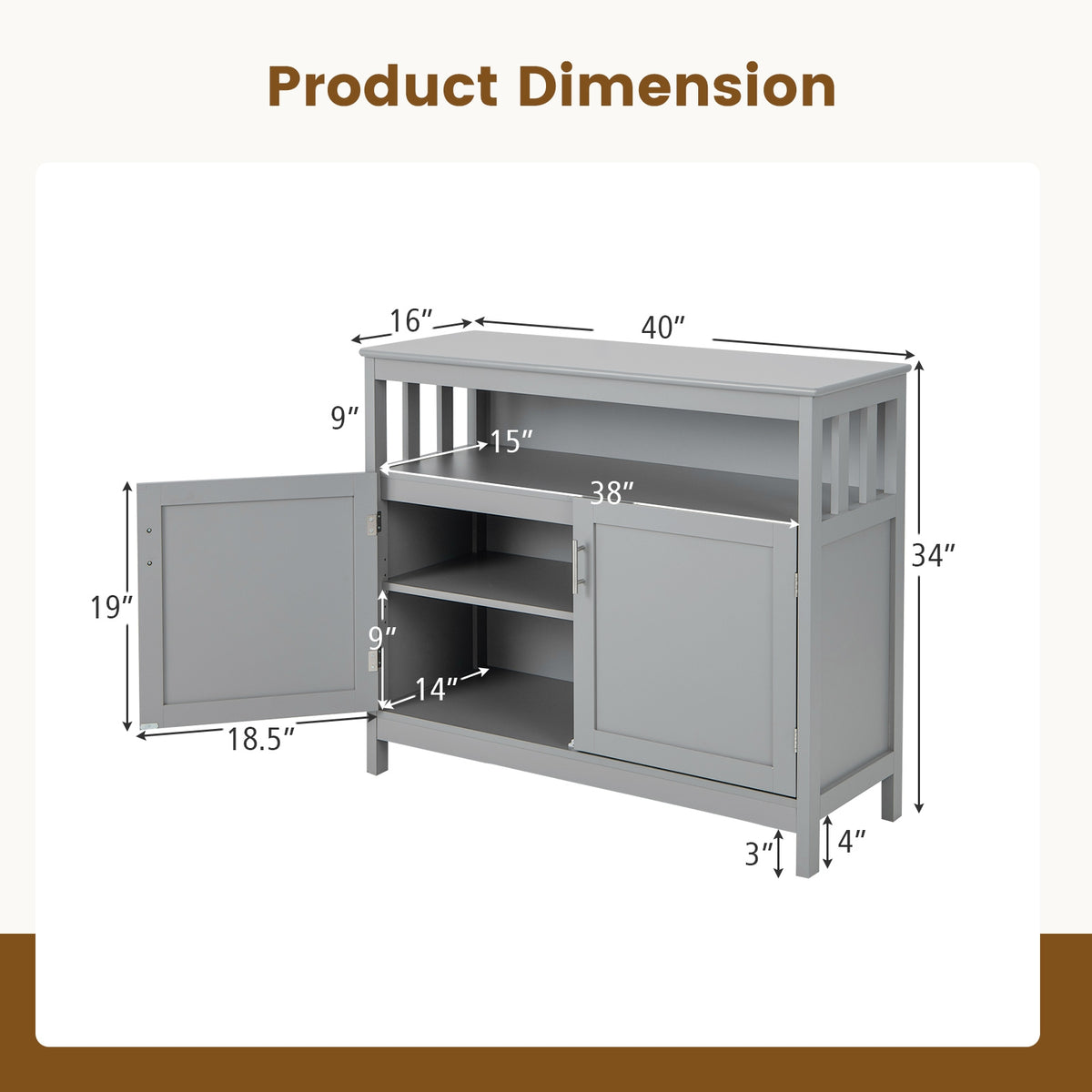 Kitchen Buffet Server Sideboard Storage Cabinet with 2 Doors and Shelf-Gray-Sideboards & Buffets-DECOROLALA