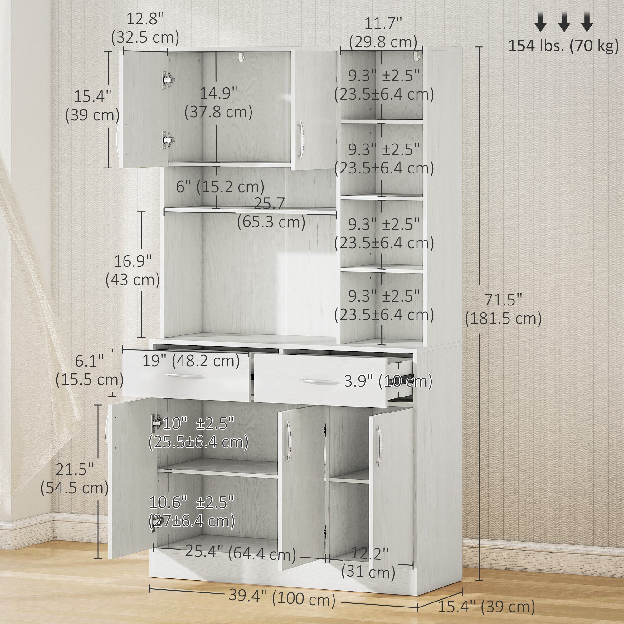 Kitchen Hutch Cabinet 71" Ash White-DECOROLALA