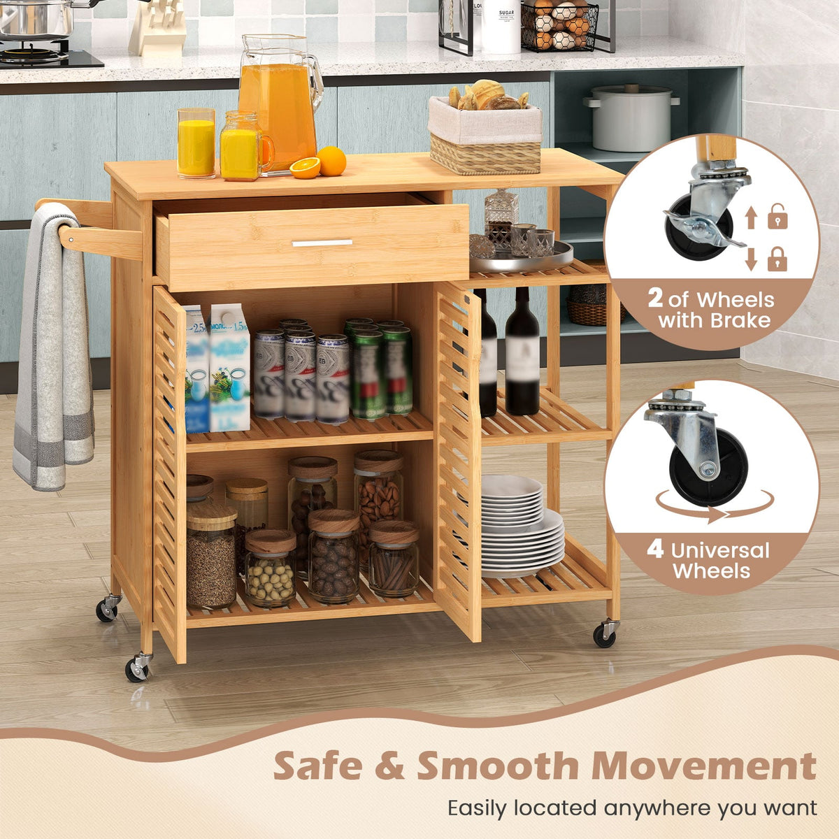 Kitchen Island Cart on Wheels with Sturdy Bamboo Frame-Natural-Kitchen Islands & Carts-DECOROLALA