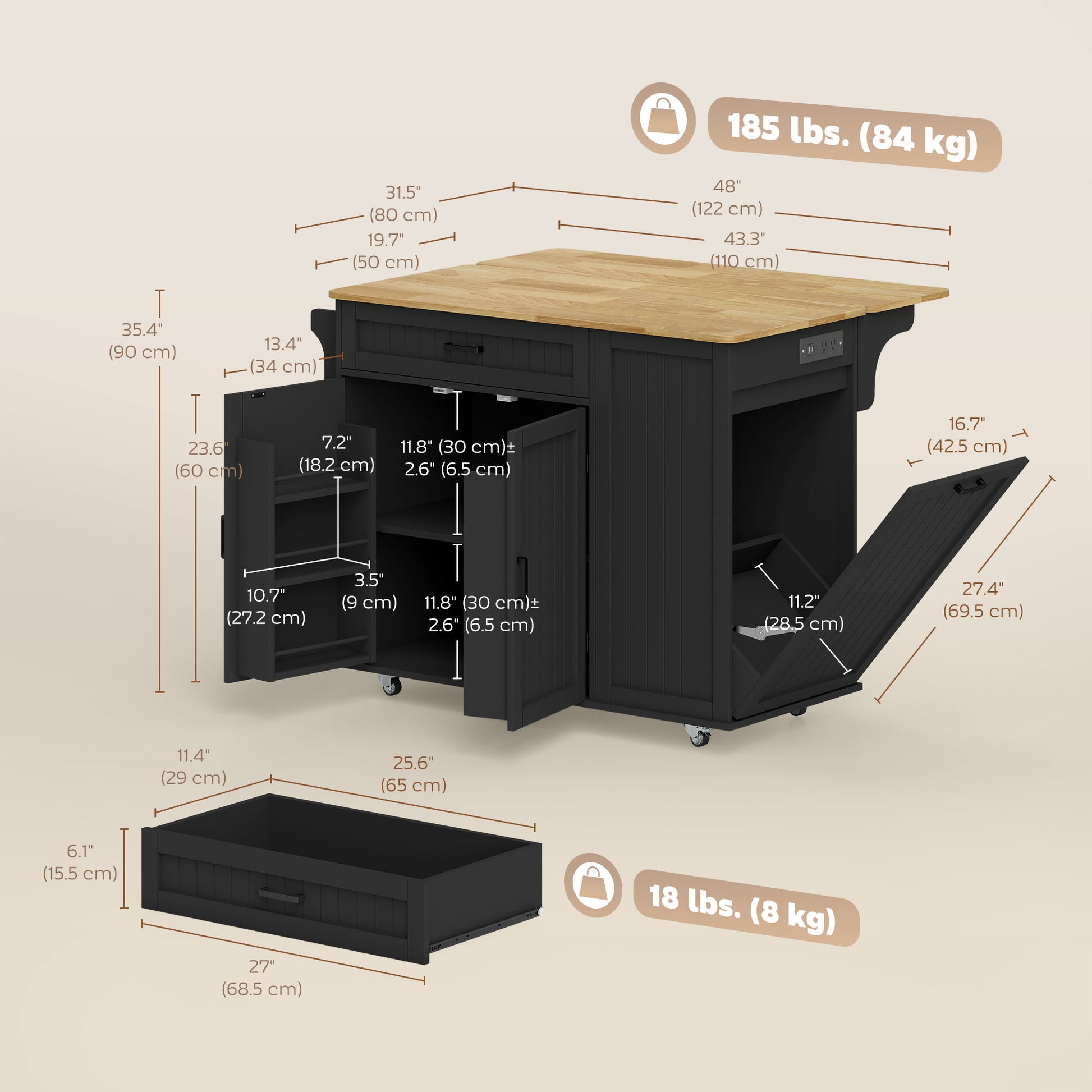 Kitchen Island Cart with Charging Station - Black 48"-DECOROLALA
