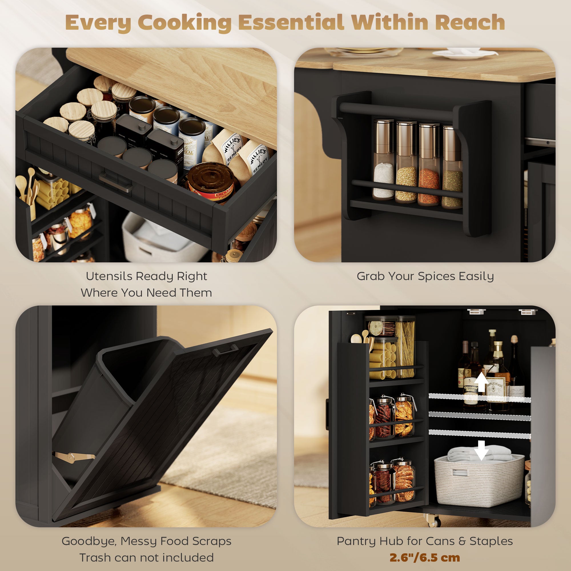 Kitchen Island Cart with Charging Station - Black 48"-DECOROLALA