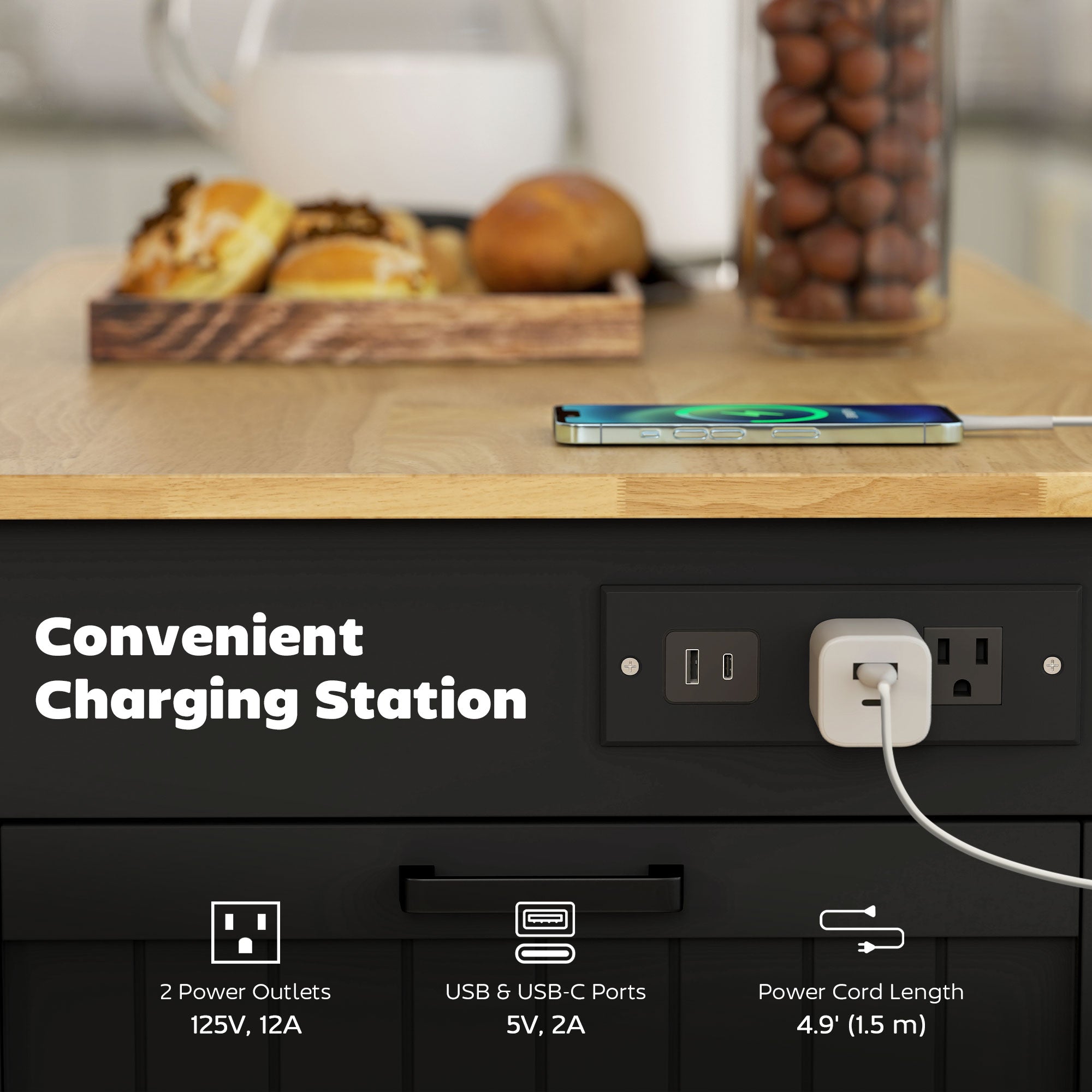 Kitchen Island Cart with Charging Station - Black 48"-DECOROLALA