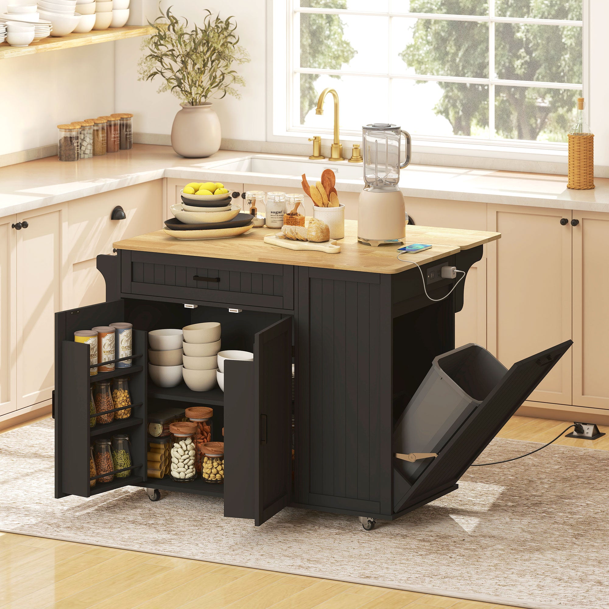 Kitchen Island Cart with Charging Station - Black 48"-DECOROLALA