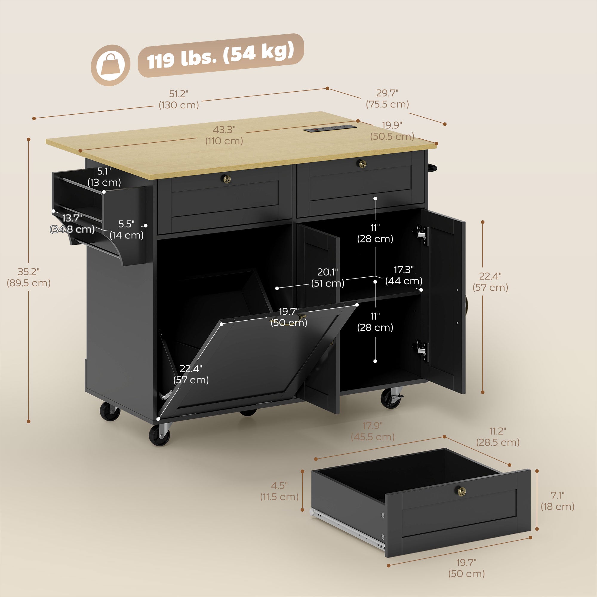 Kitchen Island Cart with Charging Station and Drop Leaf - Black-DECOROLALA