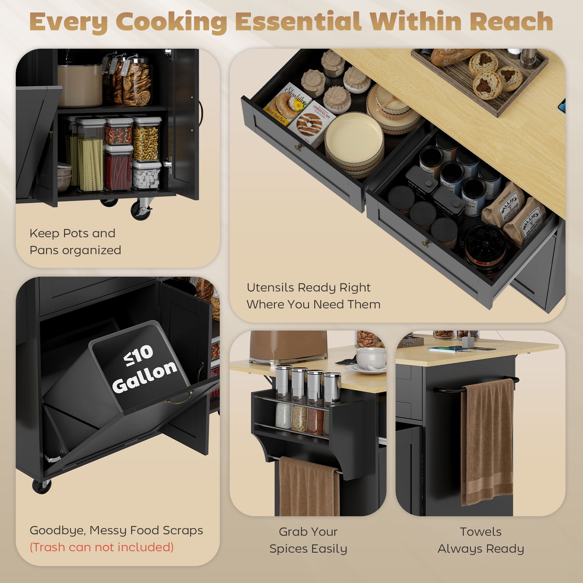 Kitchen Island Cart with Charging Station and Drop Leaf - Black-DECOROLALA
