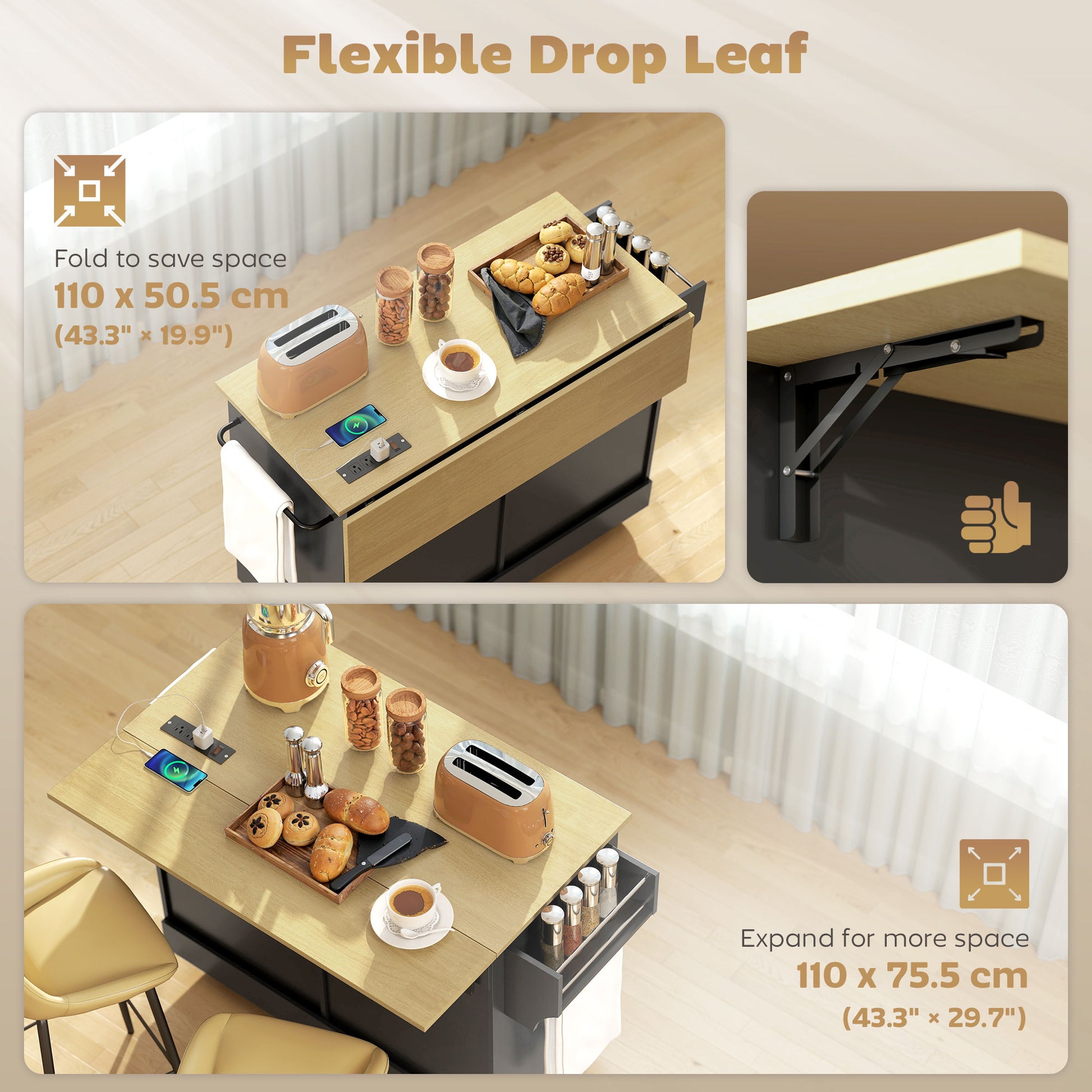 Kitchen Island Cart with Charging Station and Drop Leaf - Black-DECOROLALA