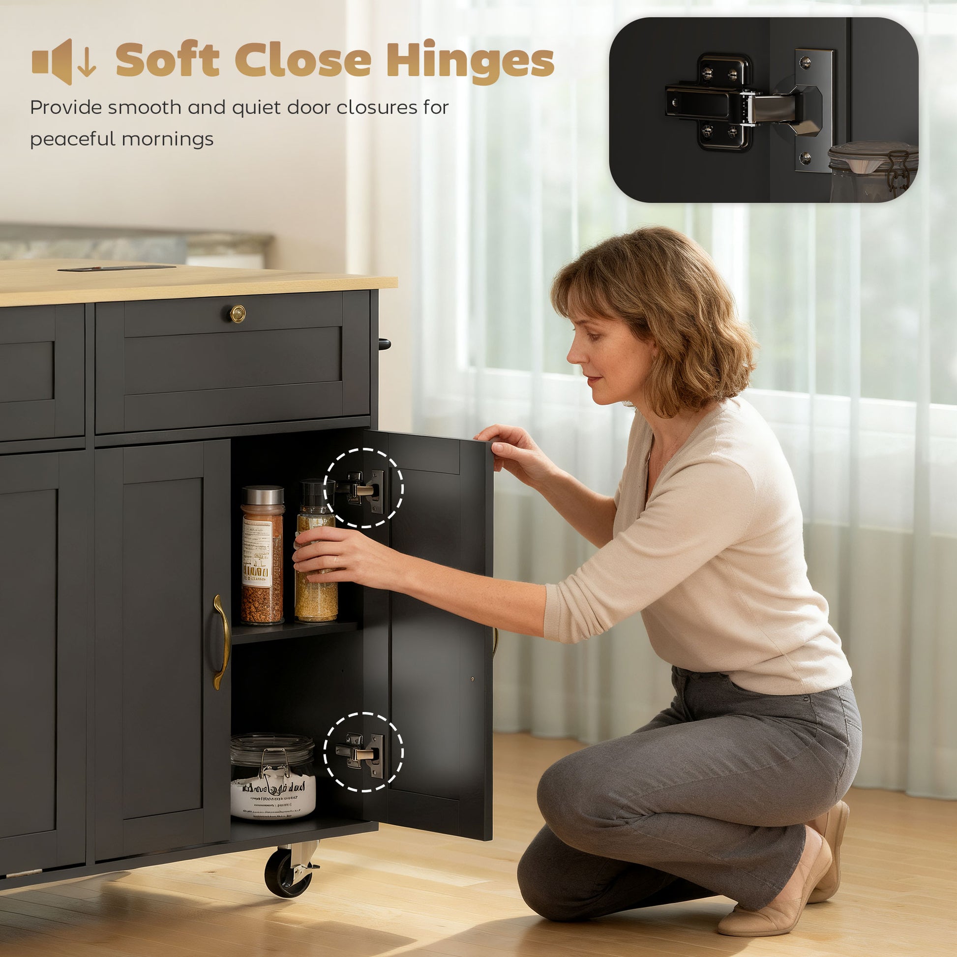 Kitchen Island Cart with Charging Station and Drop Leaf - Black-DECOROLALA