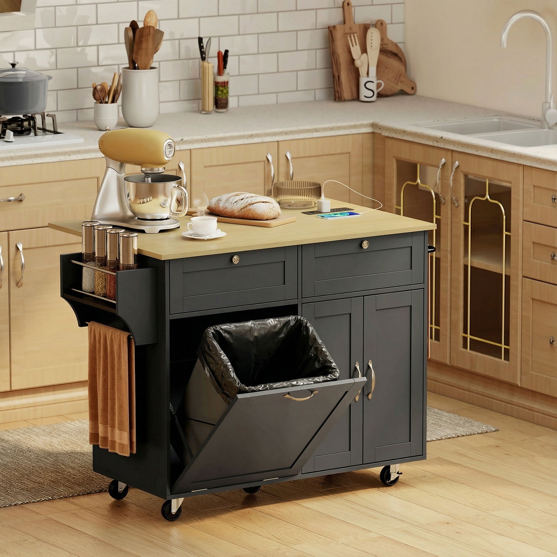 Kitchen Island Cart with Charging Station and Drop Leaf - Black-DECOROLALA