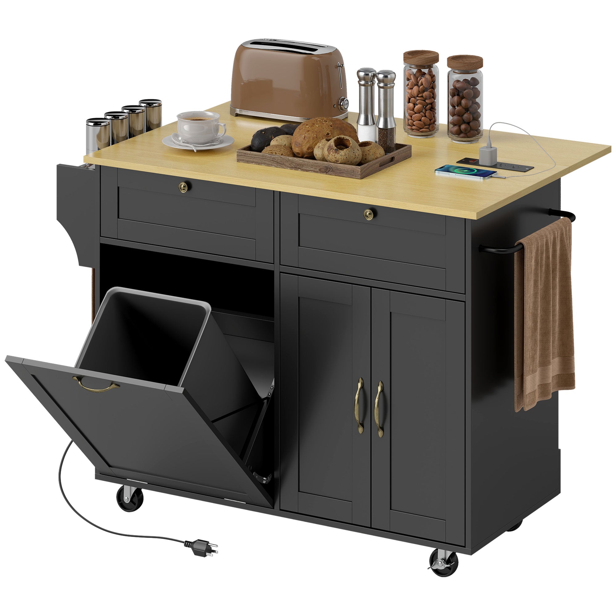 Kitchen Island Cart with Charging Station and Drop Leaf - Black-DECOROLALA