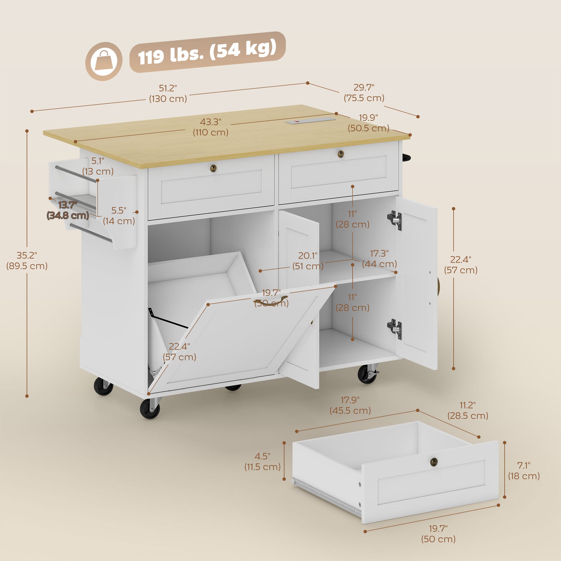 Kitchen Island Cart with Charging Station and Drop Leaf - White-DECOROLALA
