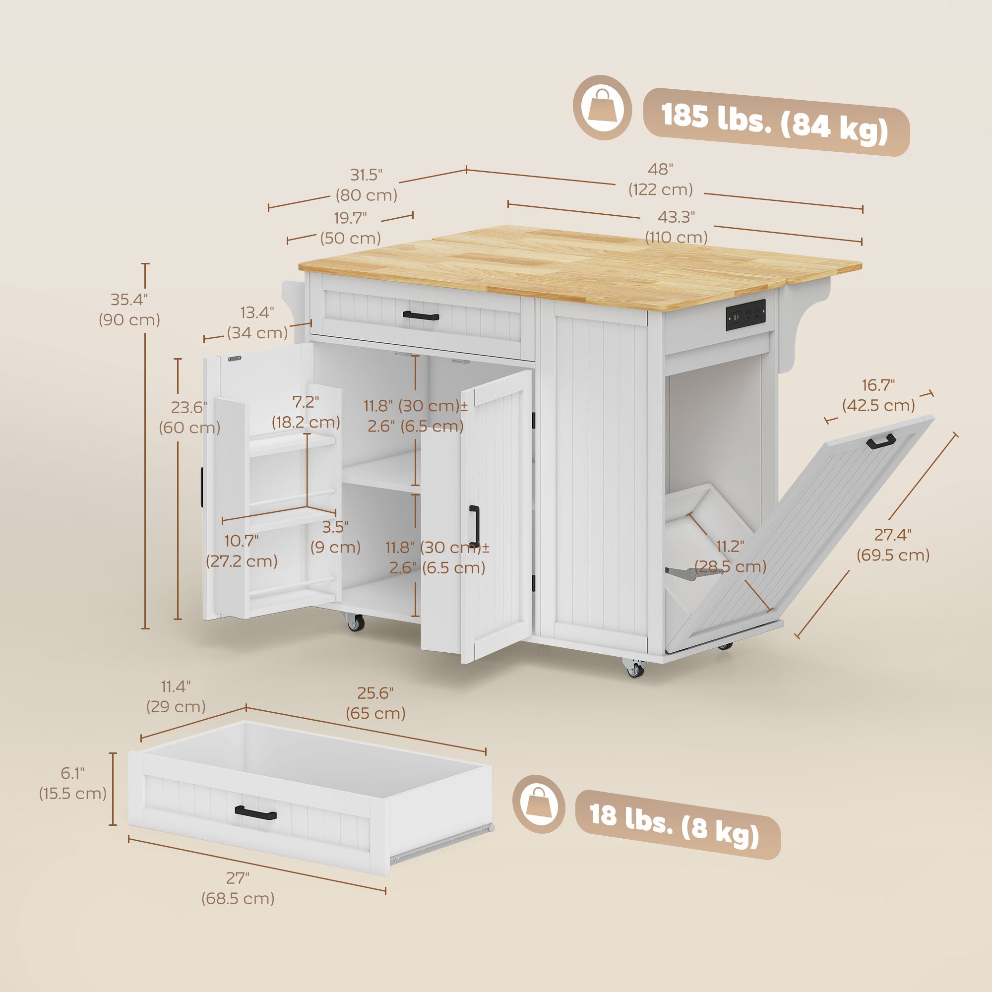 Kitchen Island Cart with Charging Station and Drop Leaf - White-DECOROLALA