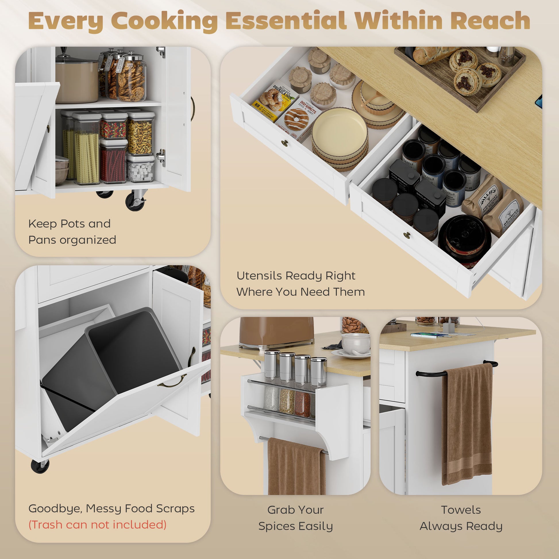 Kitchen Island Cart with Charging Station and Drop Leaf - White-DECOROLALA