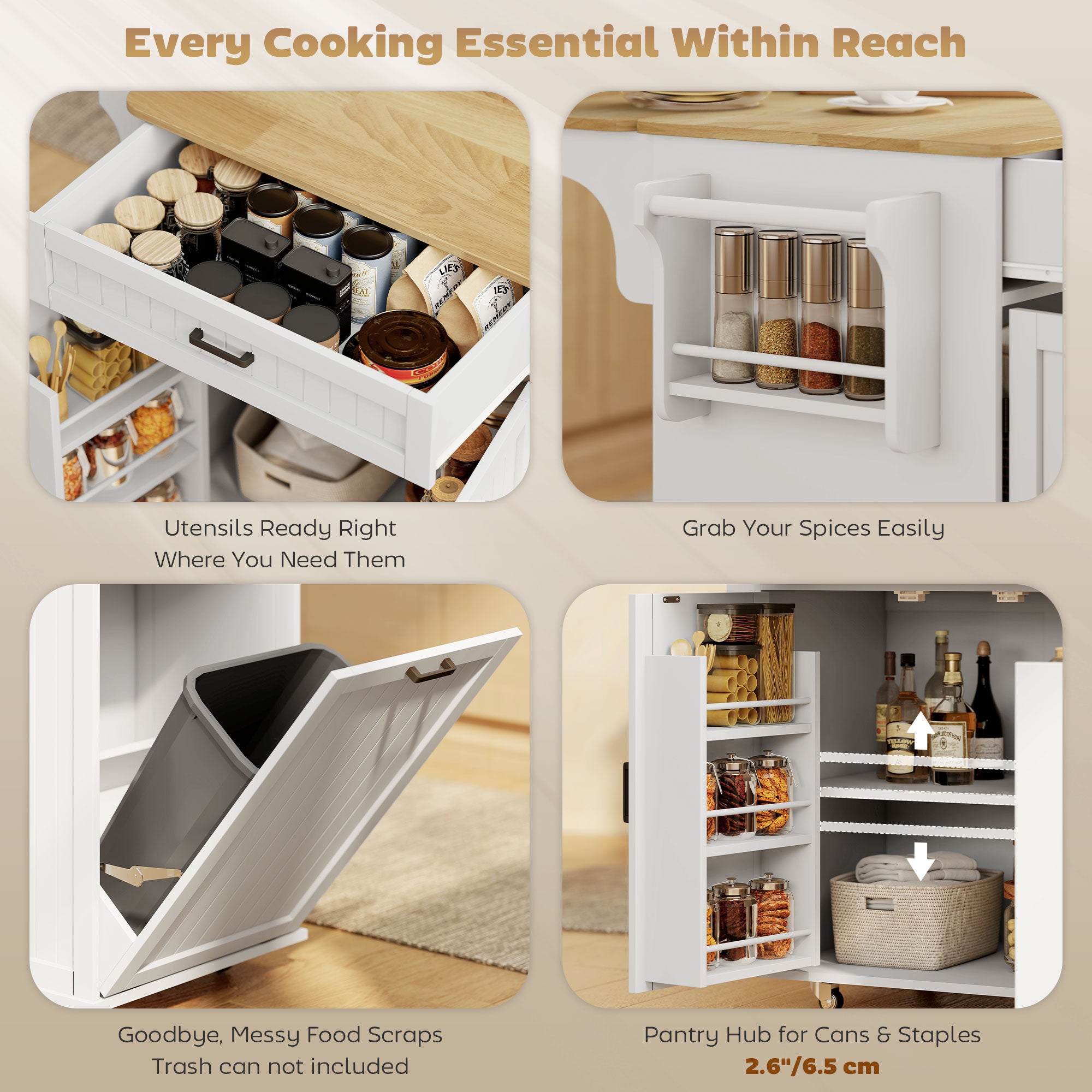 Kitchen Island Cart with Charging Station and Drop Leaf - White-DECOROLALA