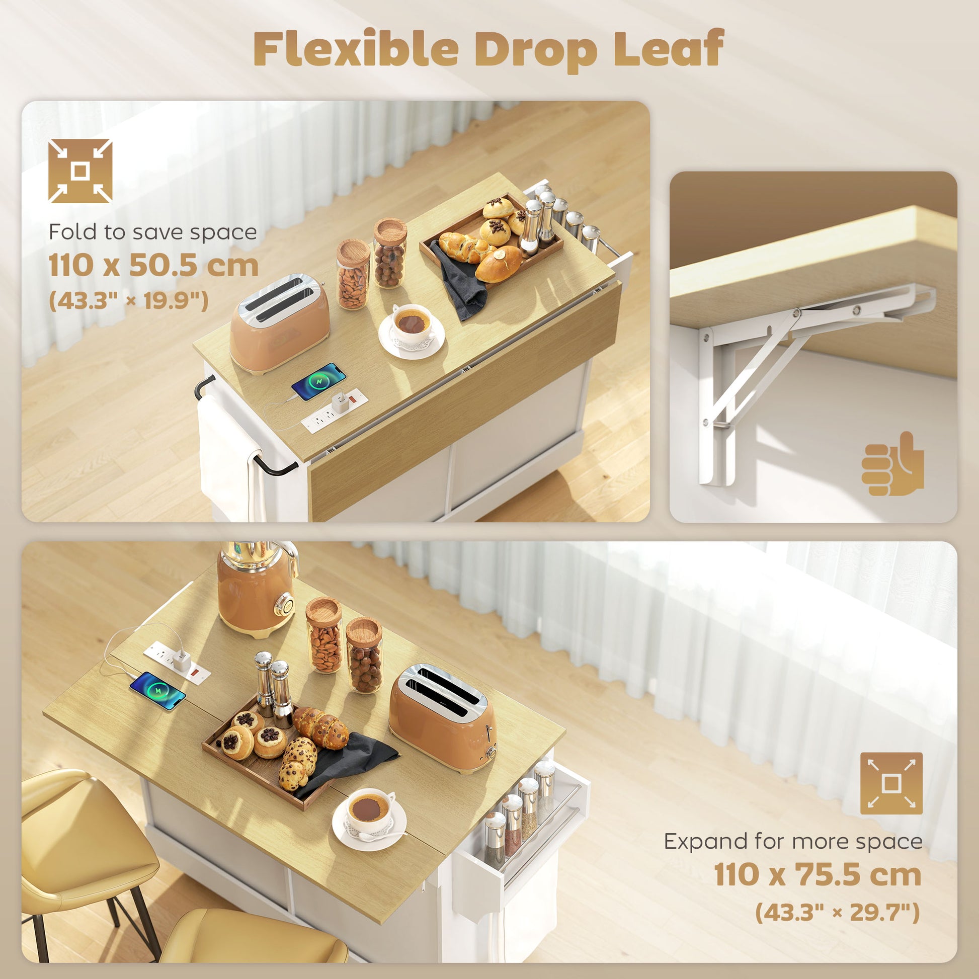 Kitchen Island Cart with Charging Station and Drop Leaf - White-DECOROLALA