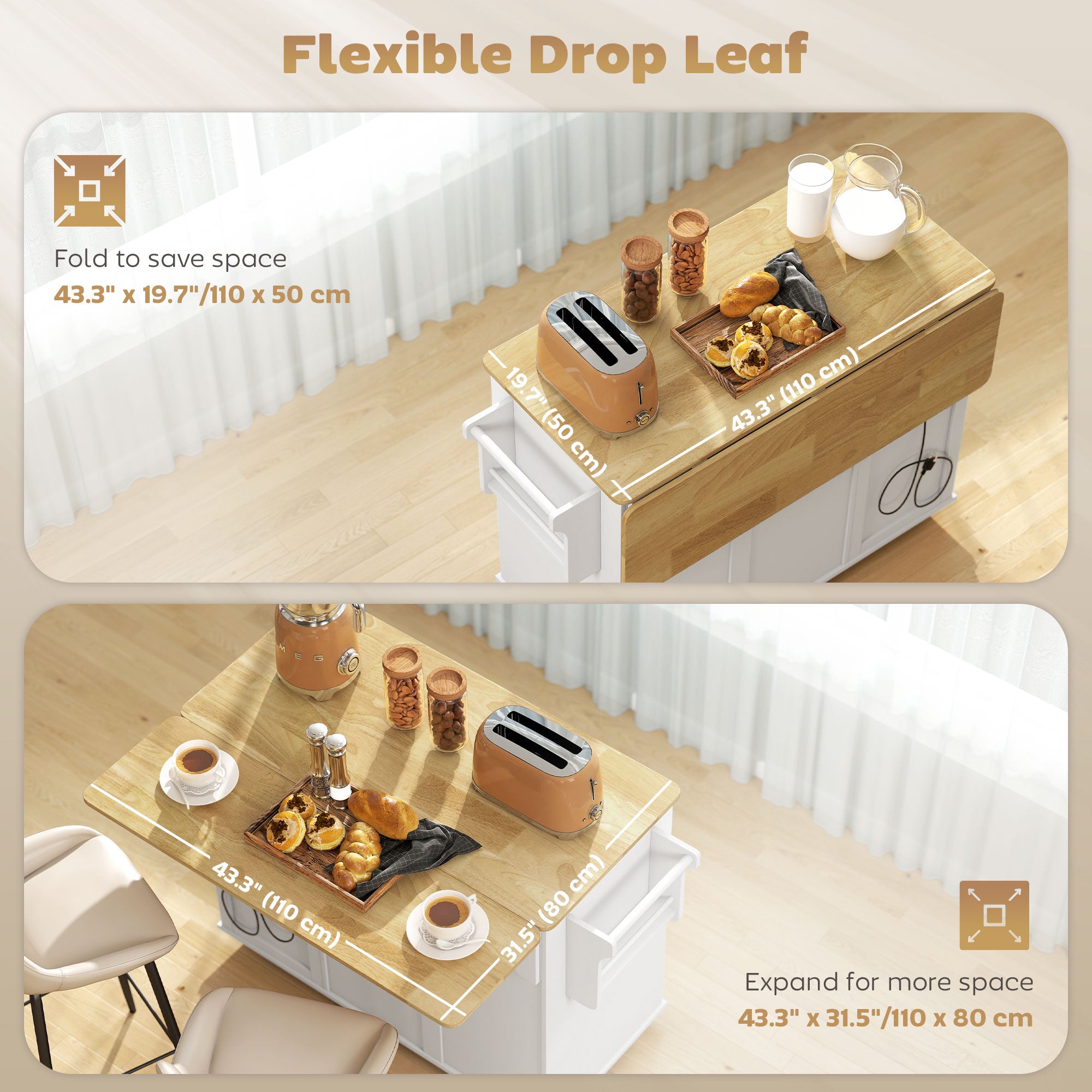 Kitchen Island Cart with Charging Station and Drop Leaf - White-DECOROLALA