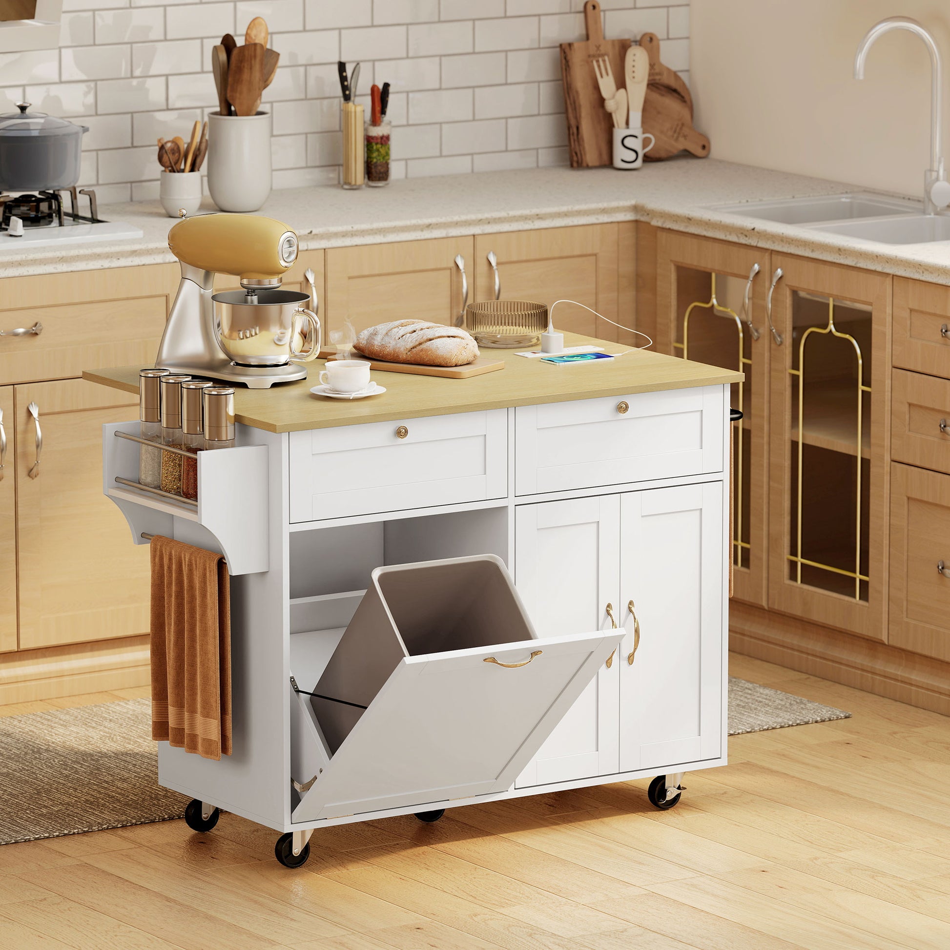 Kitchen Island Cart with Charging Station and Drop Leaf - White-DECOROLALA